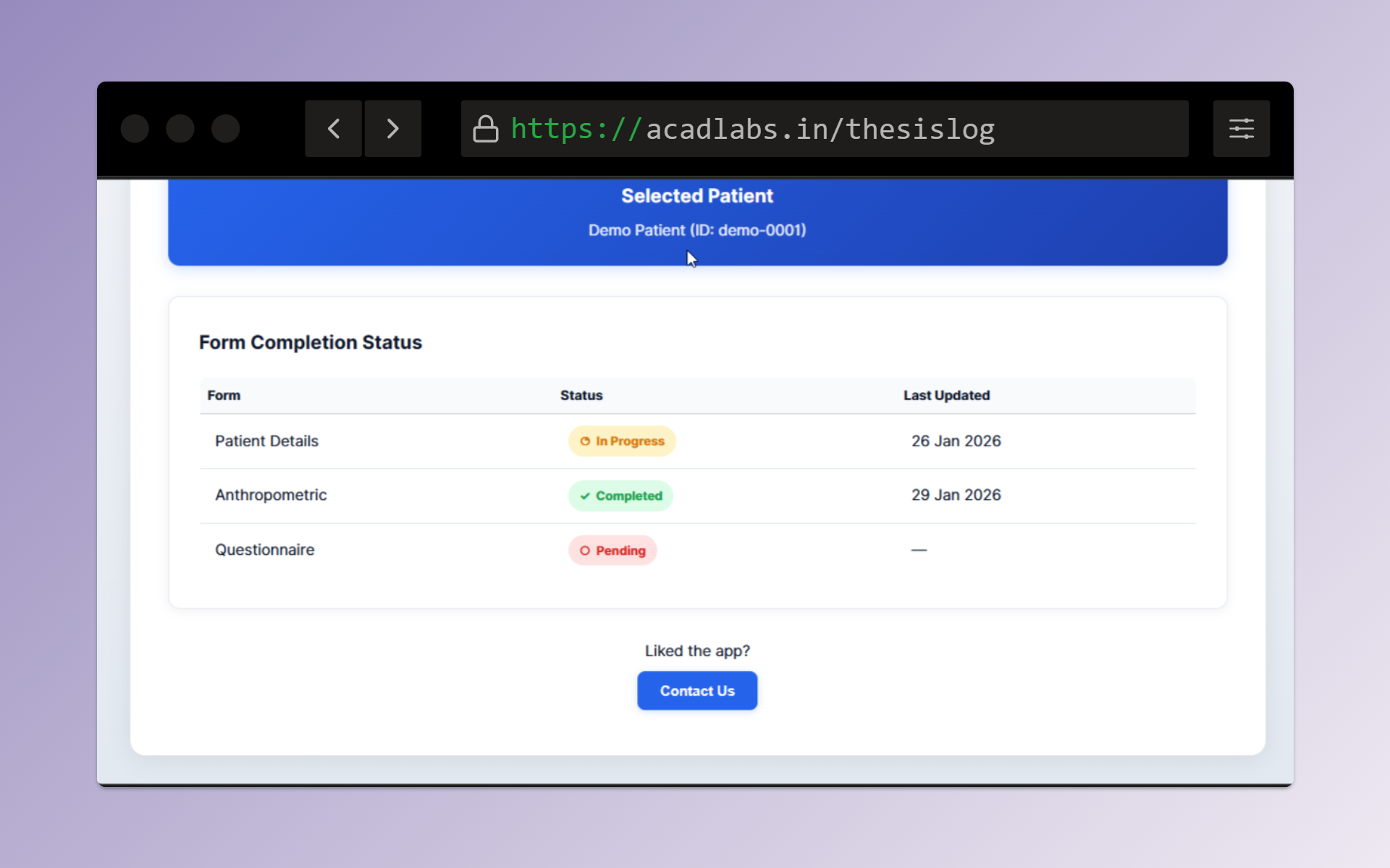 Patient Entry Form - Desktop View