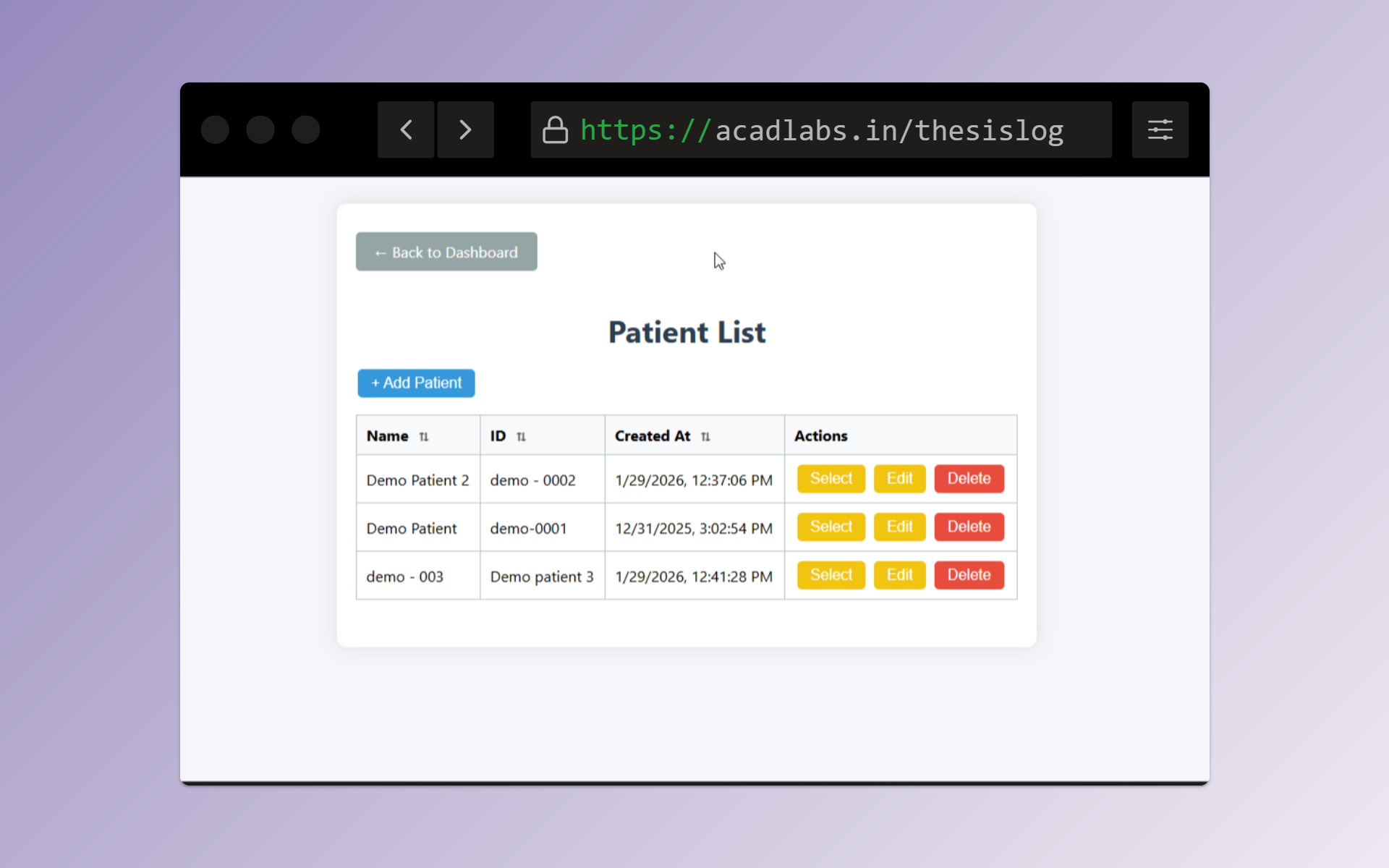 Patient List - Desktop View