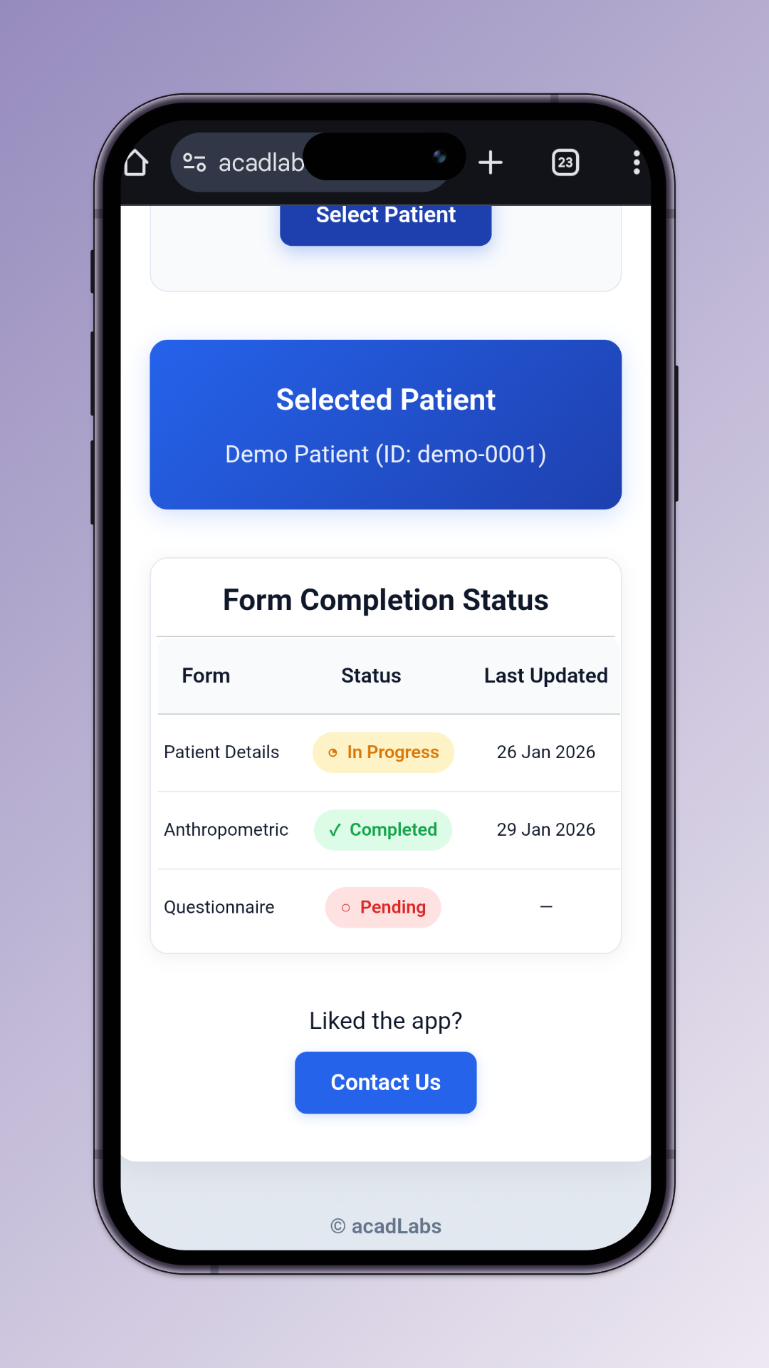 Patient Entry - Mobile View